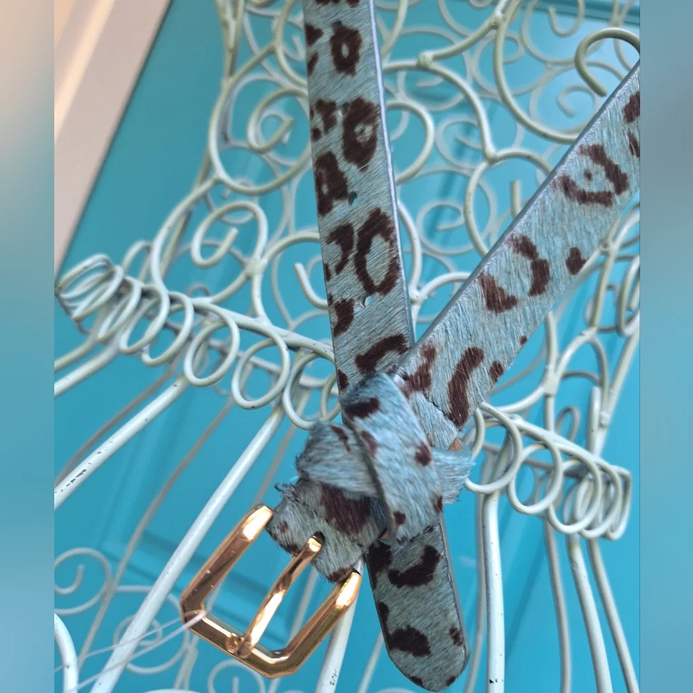 Genuine Leather Belt TEAL Leopard Animal Print Cow Fur Thin Womens